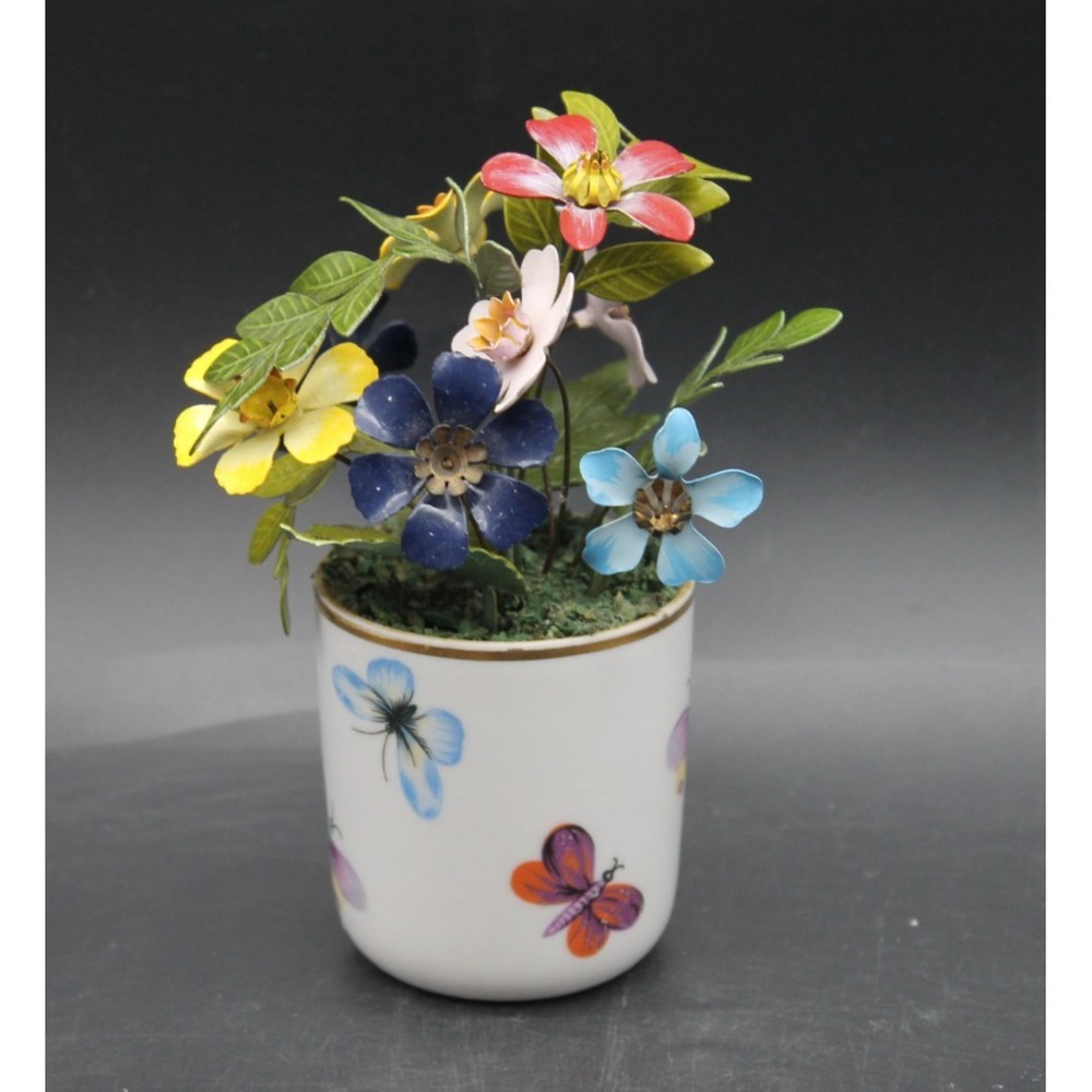 Ted Arnold Porcelain Butterfly Cachepot w/ Metal Flower Arrangement 5" Vintage